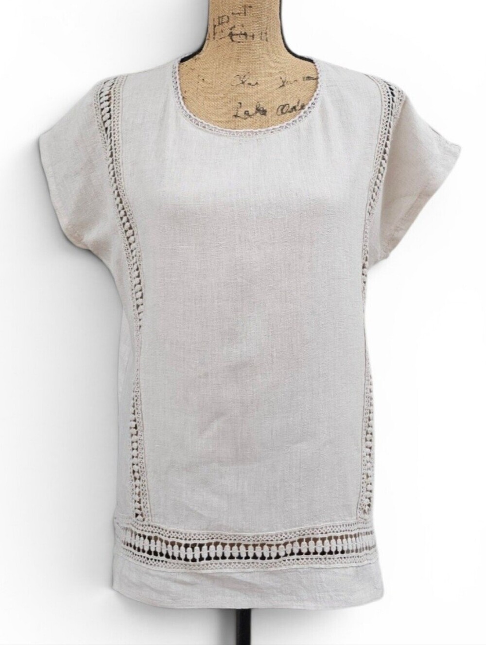 Alessia Pacini Coastal 100% Beige Linen Crochet-Trim Short Sleeve Blouse, Size L